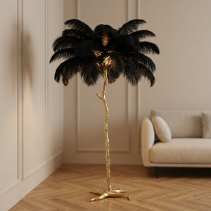 Lampadaire plumes d'autruche noires effet palmier sur base dorée