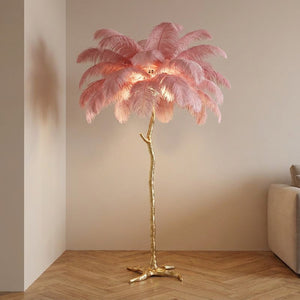 Lampadaire plumes d'autruche roses effet palmier sur base dorée