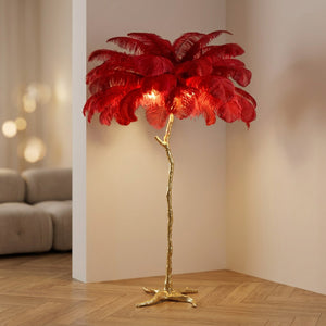 Lampadaire plumes d'autruche rouges effet palmier sur base dorée