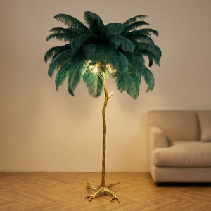Lampadaire plumes d'autruche vertes effet palmier sur base dorée