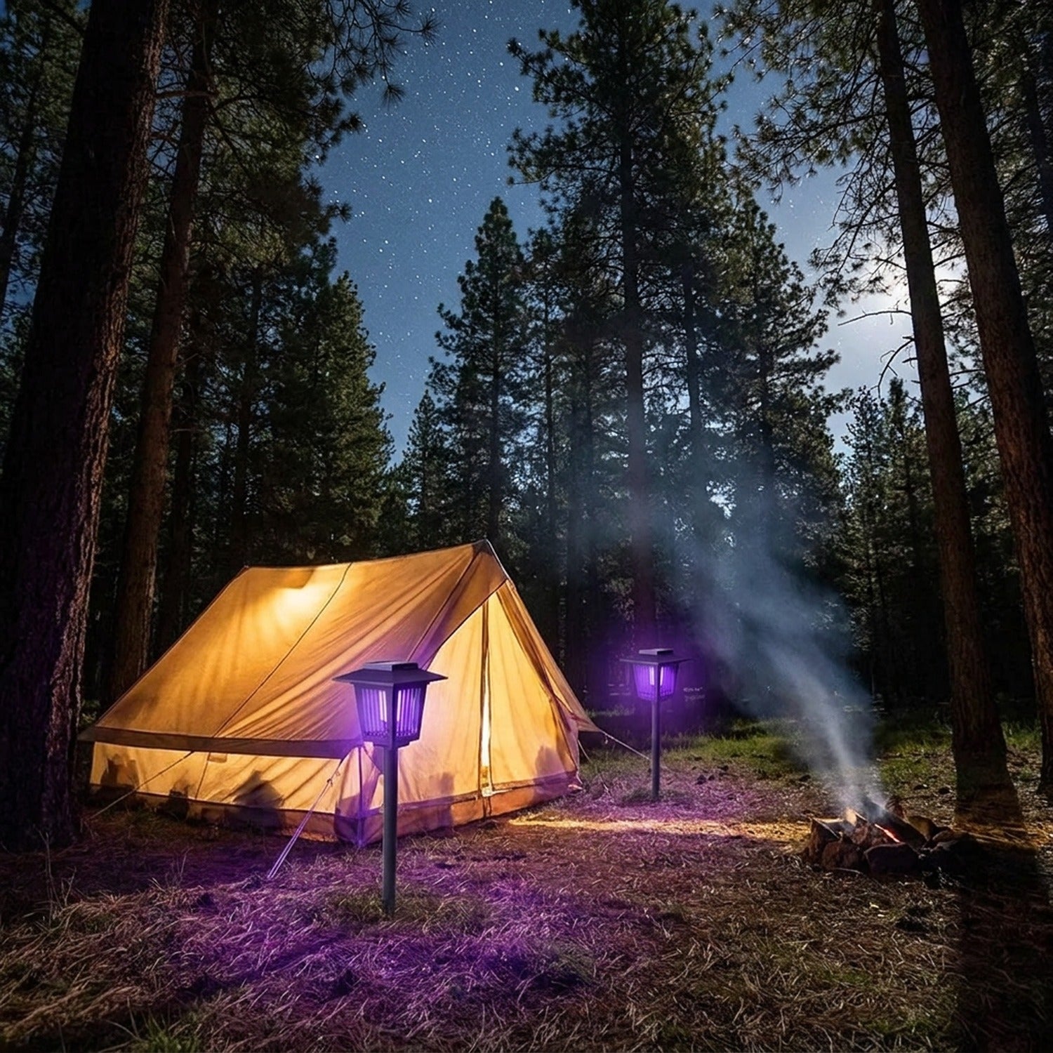 Camping de nuit sous les étoiles, lampe solaire anti-moustiques UV plantée à l'entrée de la tente