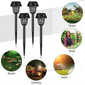 Quatre lampes anti-moustiques solaires et scènes d'usage : verger, serre, bassin, camping, jardin