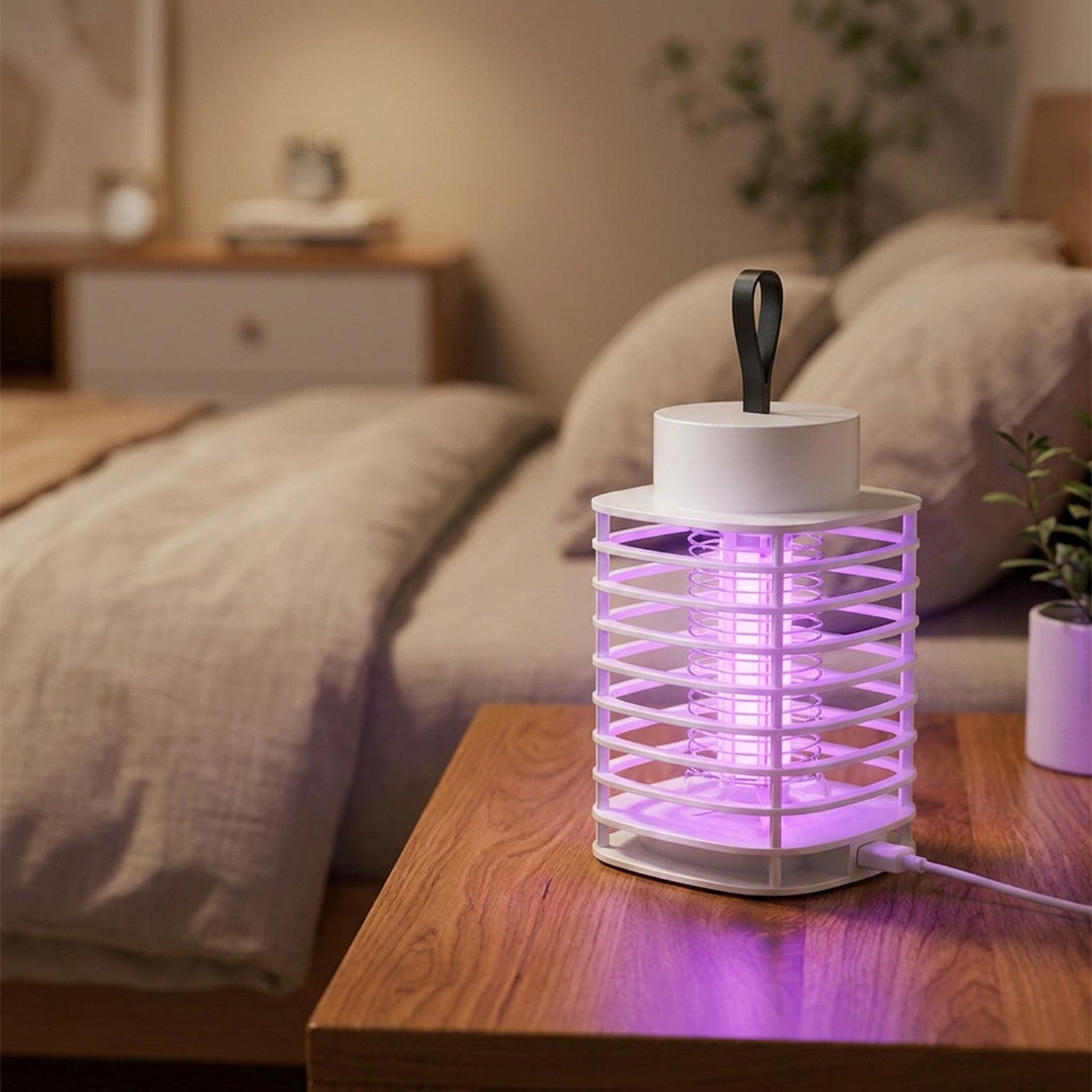 Lampe anti-moustiques USB lumière UV violette sur table de chevet