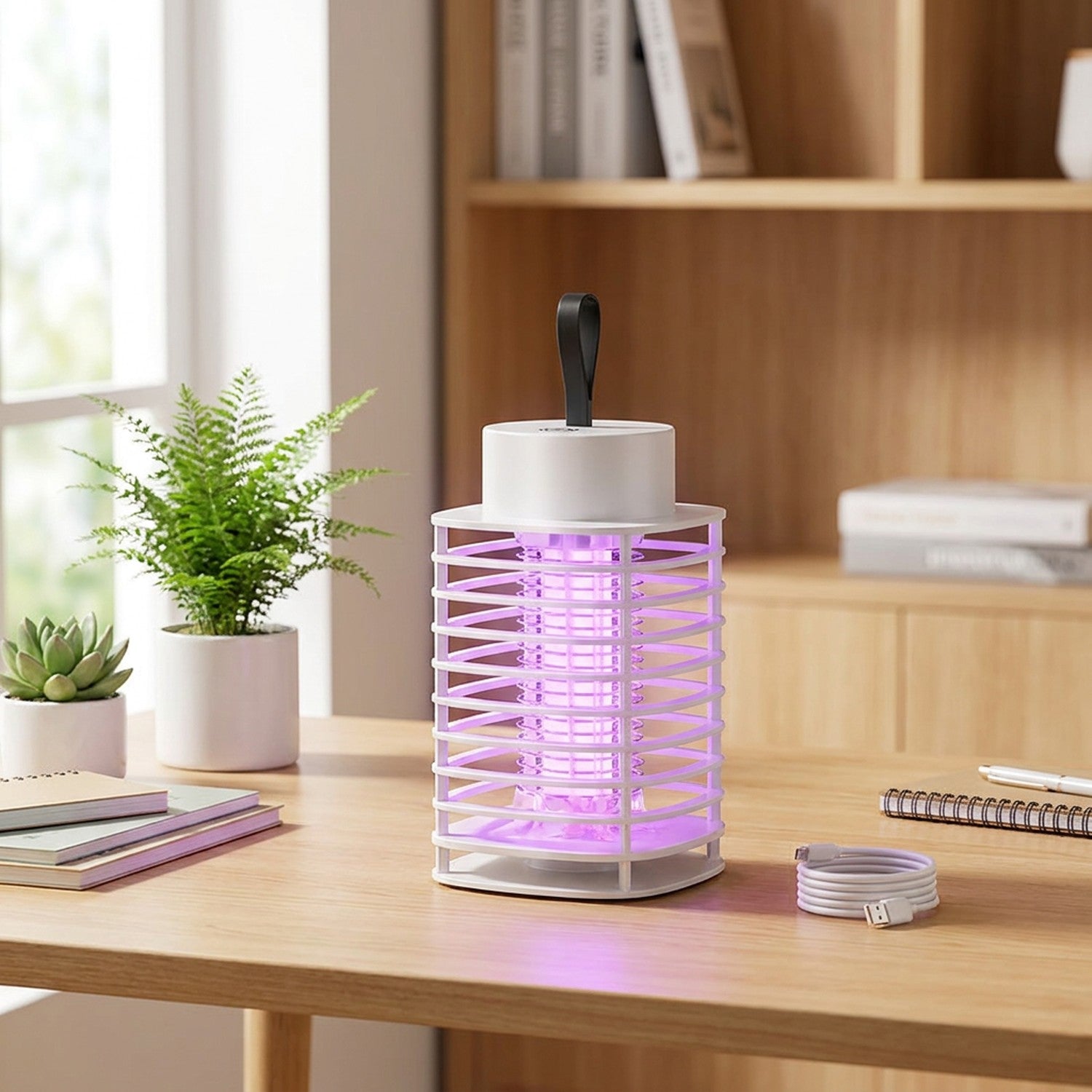 Lampe anti-moustiques USB sur bureau à domicile avec plantes