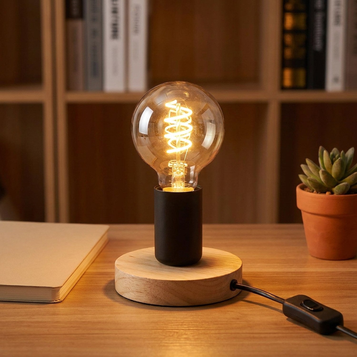 Lampe de table en bois avec douille noire sur un bureau avec un carnet et une plante