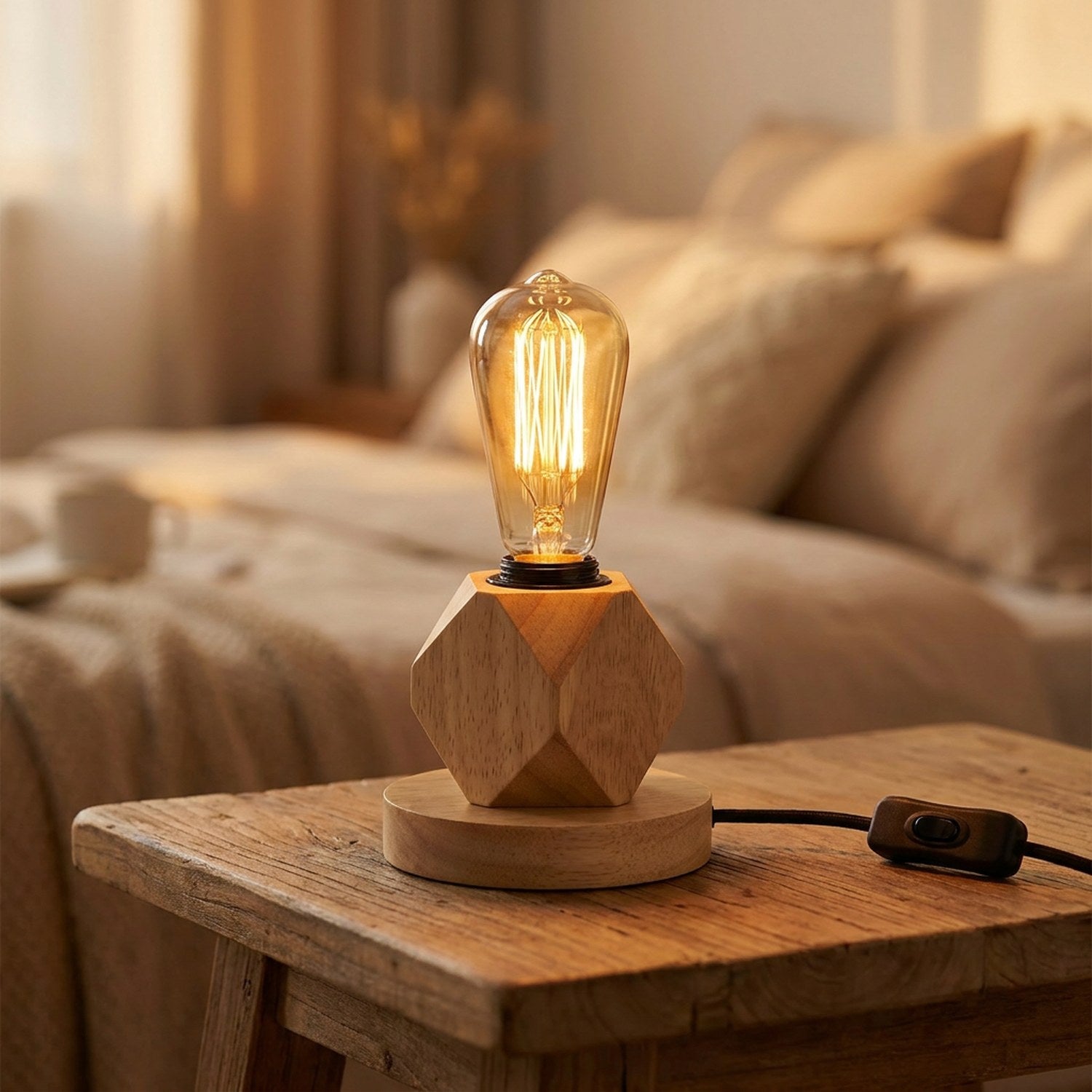 Lampe de table en bois avec douille noire posée sur une table dans une chambre chaleureuse