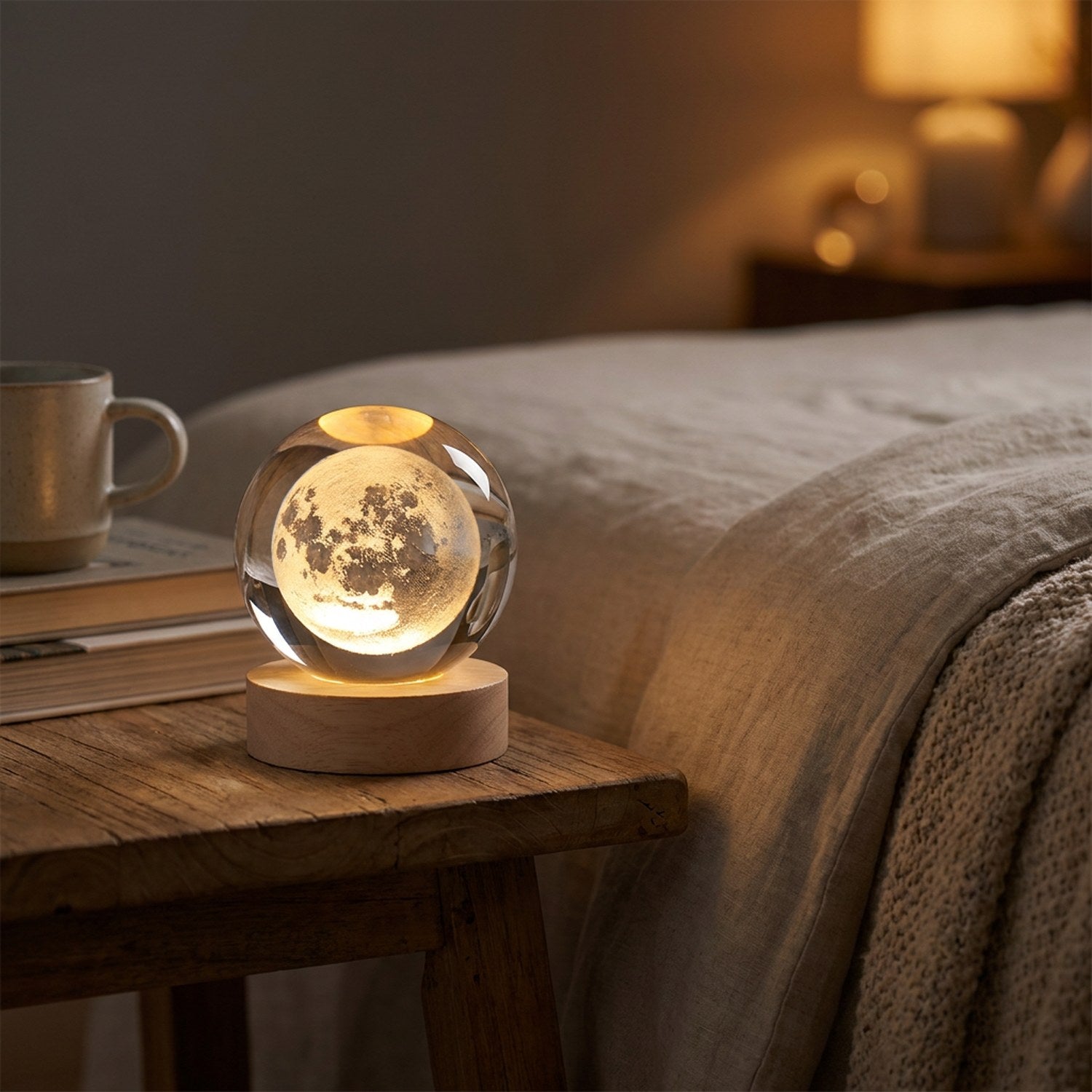 Lampe boule de cristal gravée Lune allumée sur une table de chevet dans une chambre
