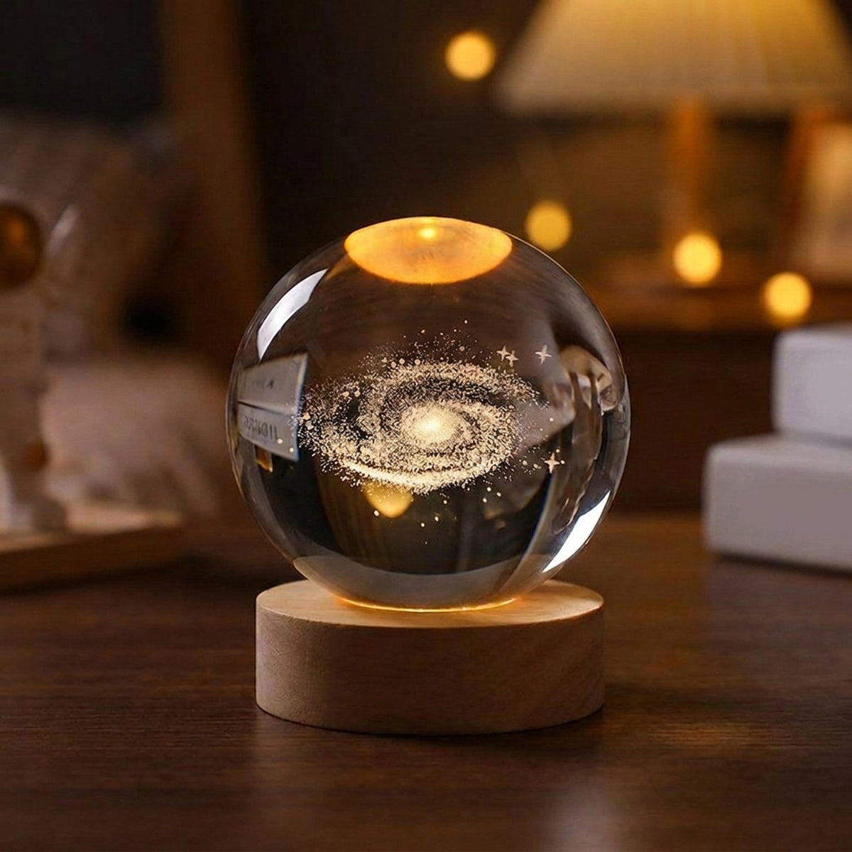 Boule de cristal gravée en 3D représentant une galaxie éclairée d'une lumière chaude sur socle en bois