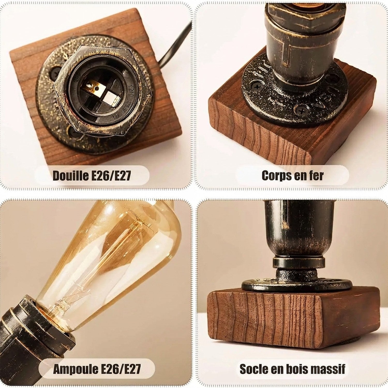 Détails de la lampe: douille E26 E27, corps en fer, ampoule et socle en bois massif