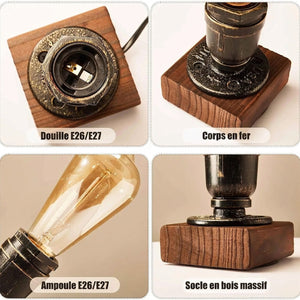 Détails de la lampe: douille E26 E27, corps en fer, ampoule et socle en bois massif