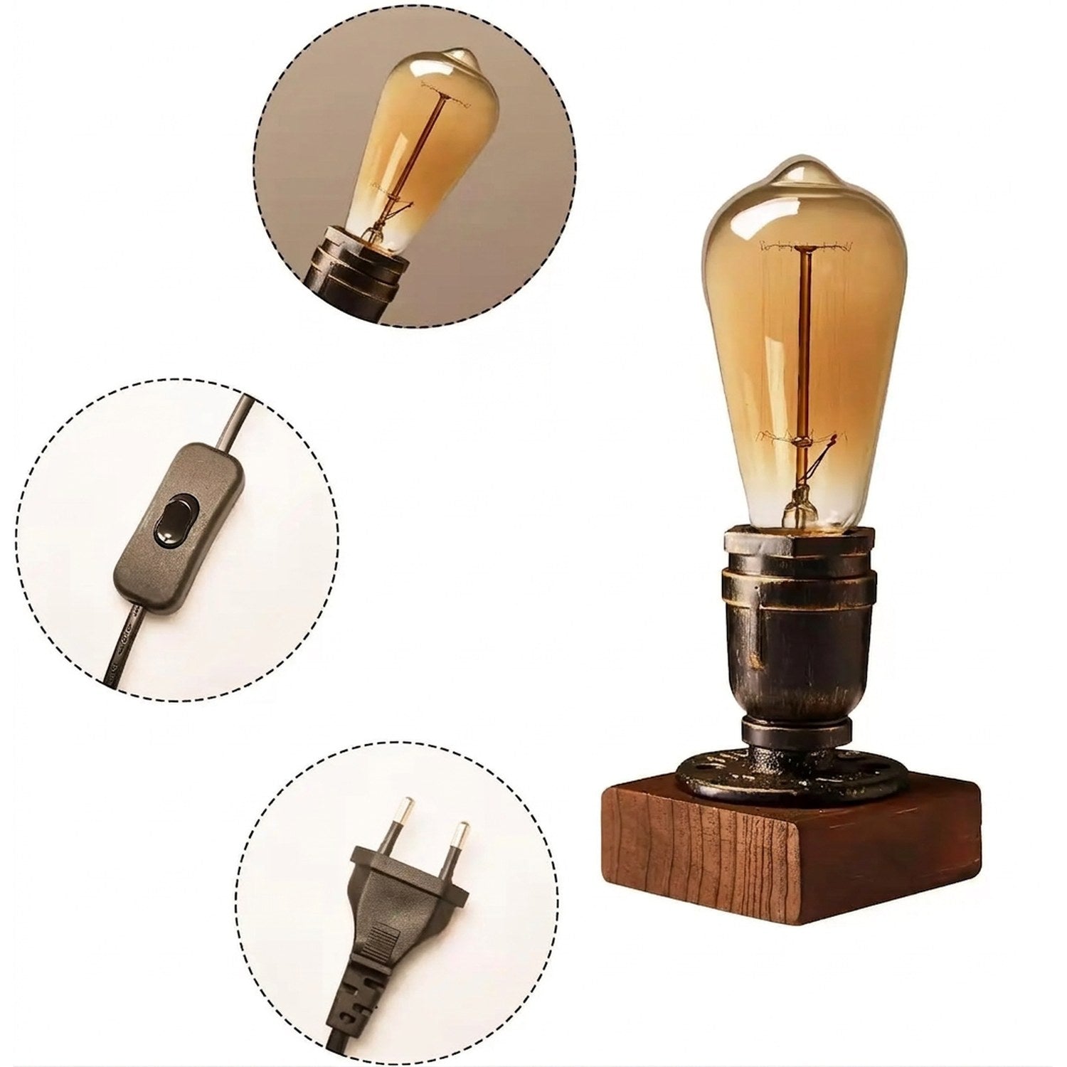 Vue détaillée de l'ampoule Edison, de l'interrupteur sur le câble et de la prise