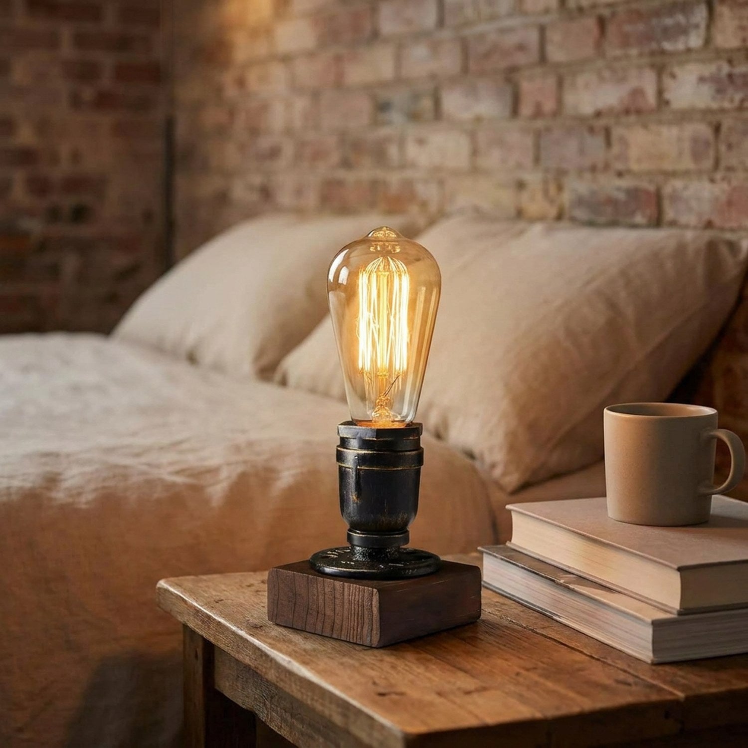 Lampe de chevet industrielle allumée sur une table de nuit près d'un lit