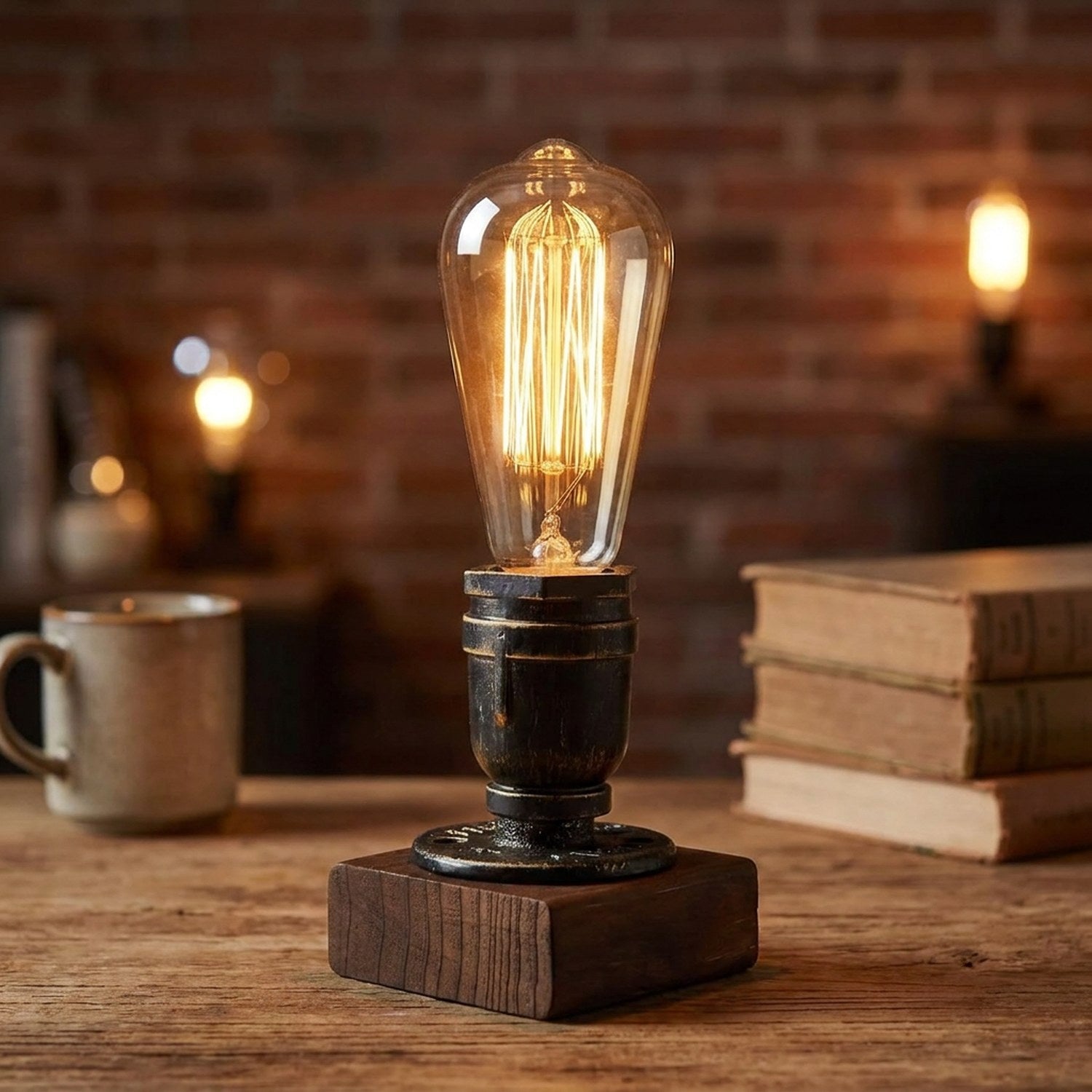 Lampe de bureau industrielle avec ampoule Edison allumée sur un bureau en bois