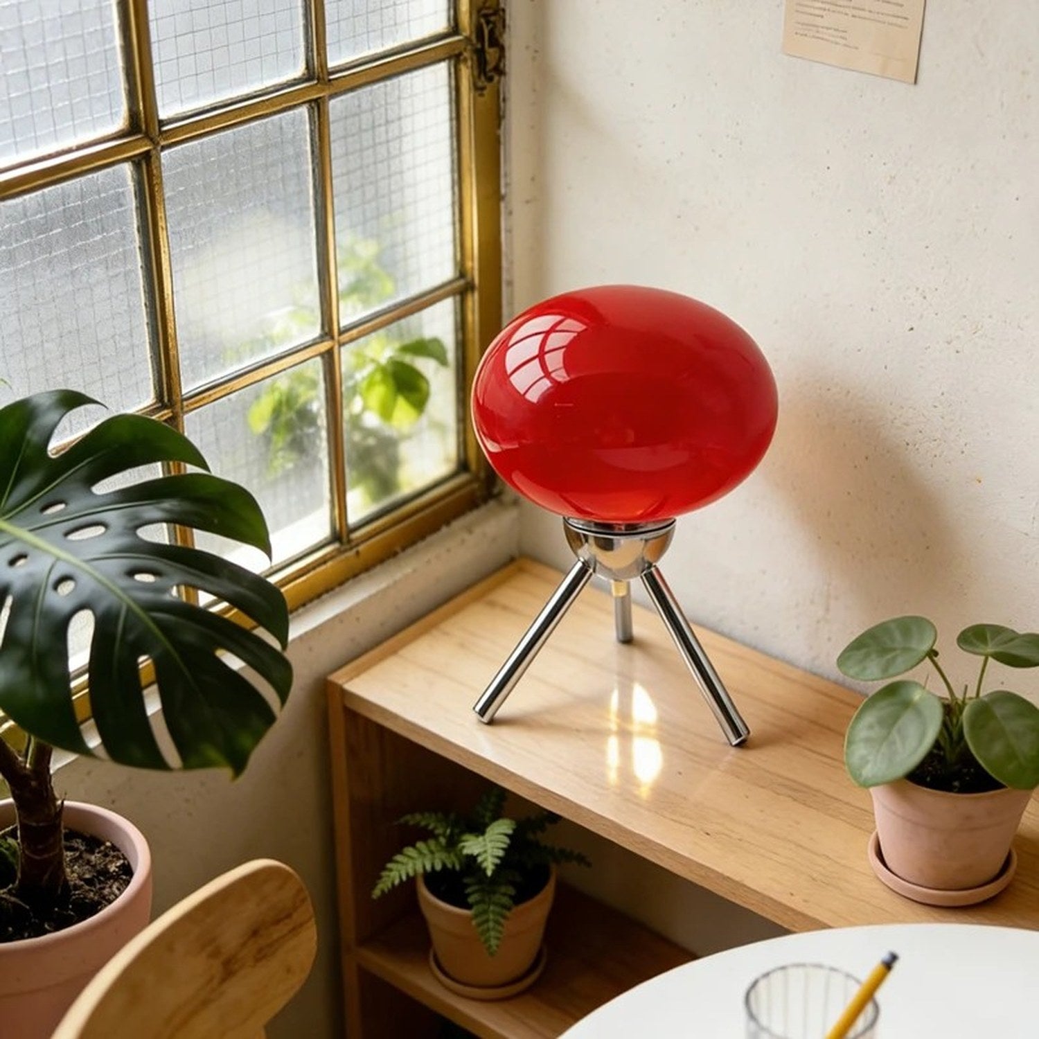 Lampe de chevet champignon en verre rouge posée près d'une fenêtre avec plantes