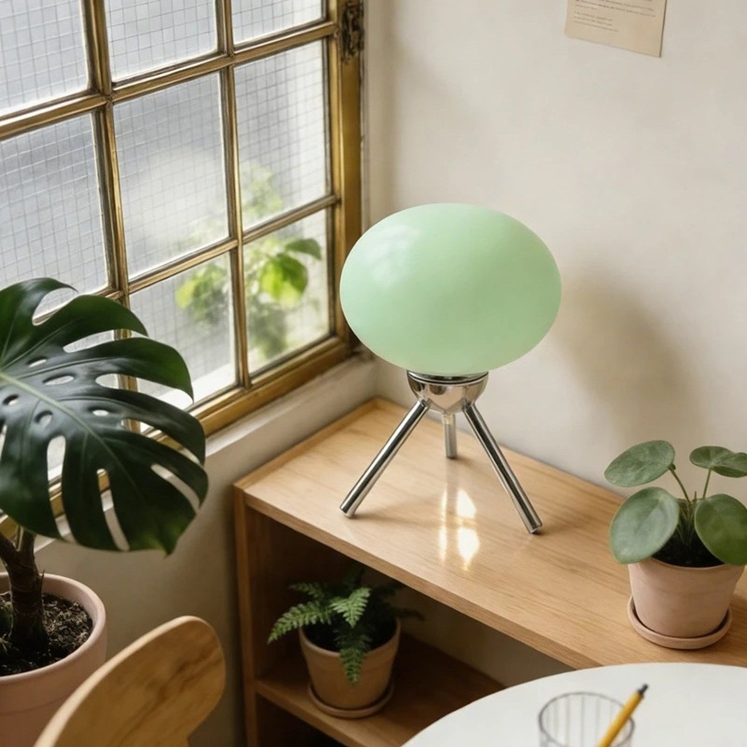 Lampe de chevet champignon en verre vert menthe posée près d'une fenêtre
