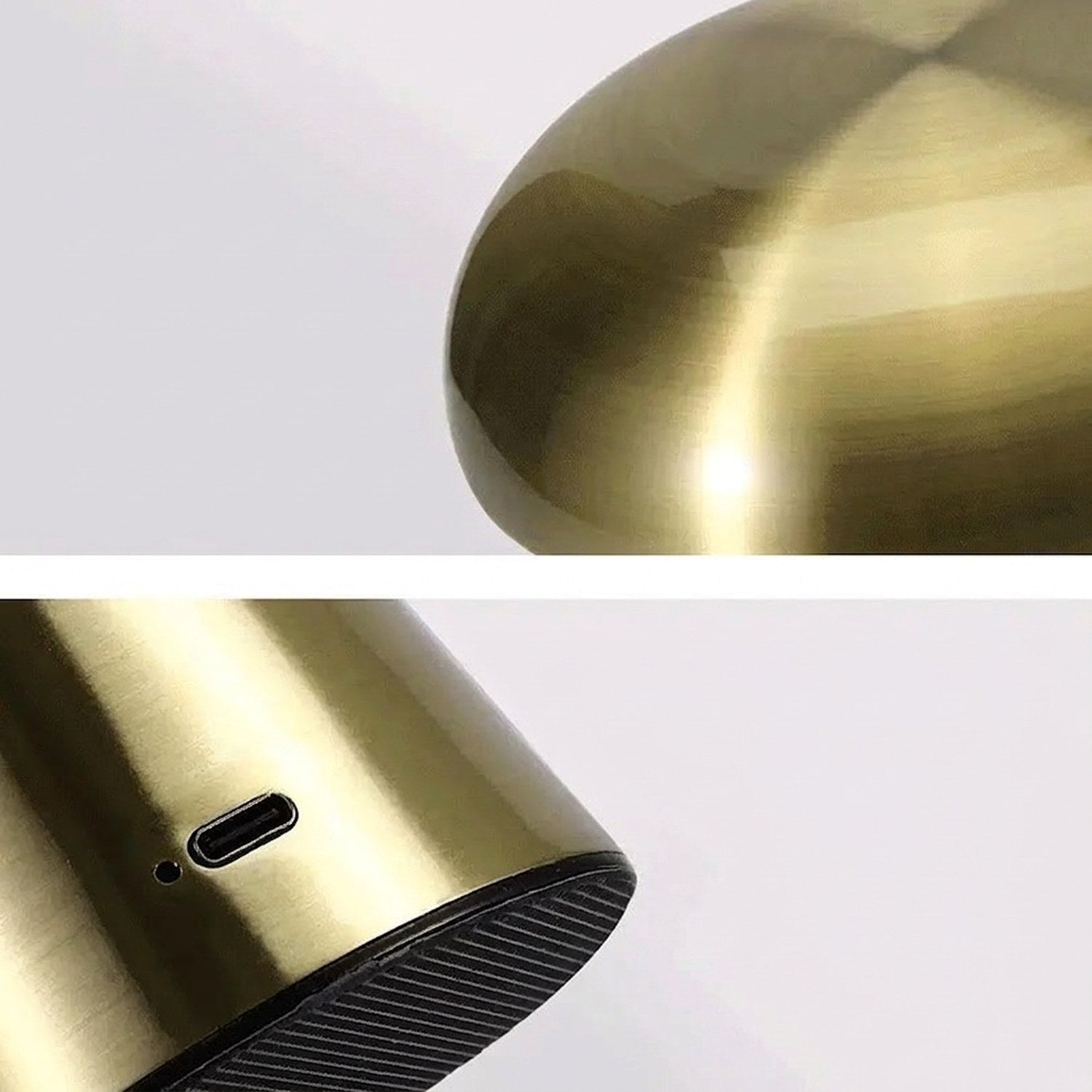Détail du métal doré brossé et du port de charge USB-C de la lampe champignon