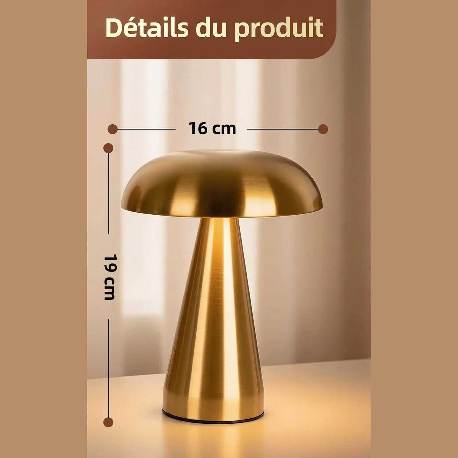 Dimensions de la lampe champignon 16 cm de diamètre et 19 cm de hauteur