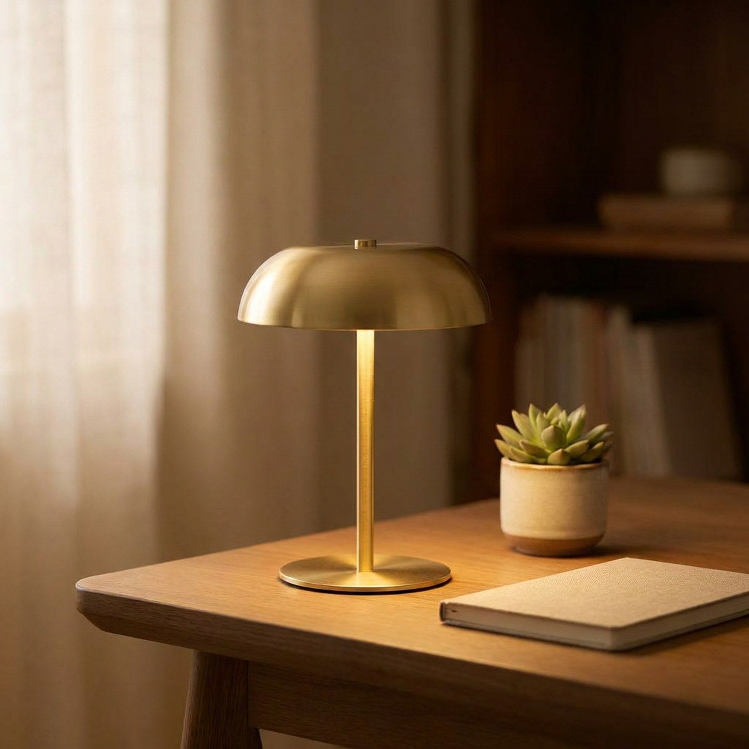 Lampe champignon dorée allumée sur un bureau avec une plante