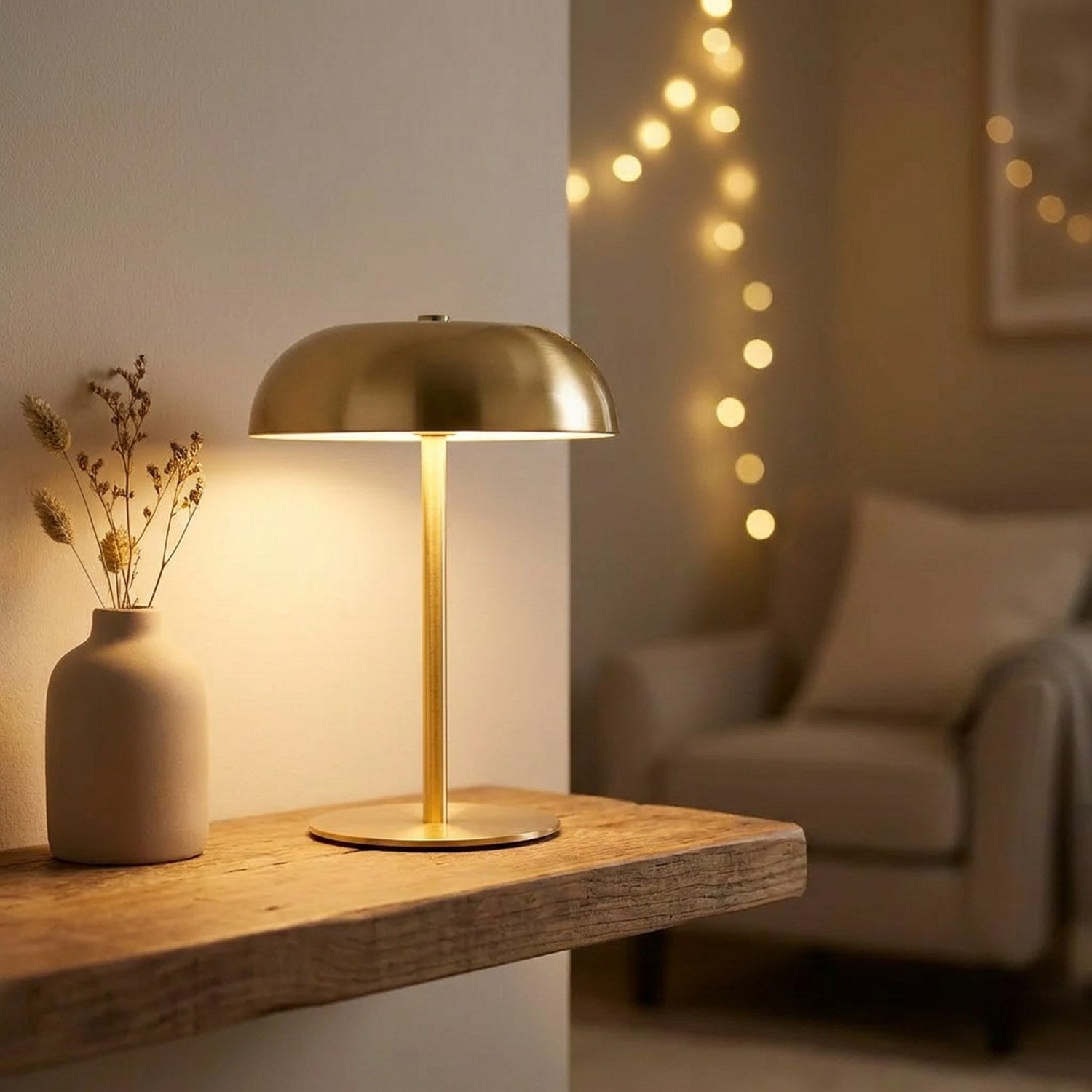 Lampe champignon dorée allumée sur une étagère avec un vase