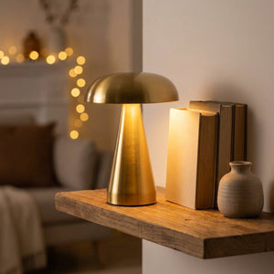 Lampe champignon dorée allumée sur une étagère flottante avec des livres et un vase en céramique
