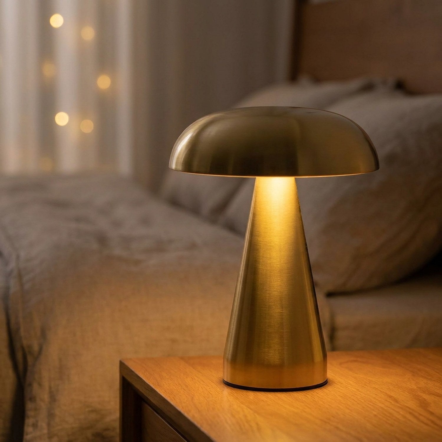 Lampe champignon dorée allumée sur une table de chevet en bois dans une chambre tamisée