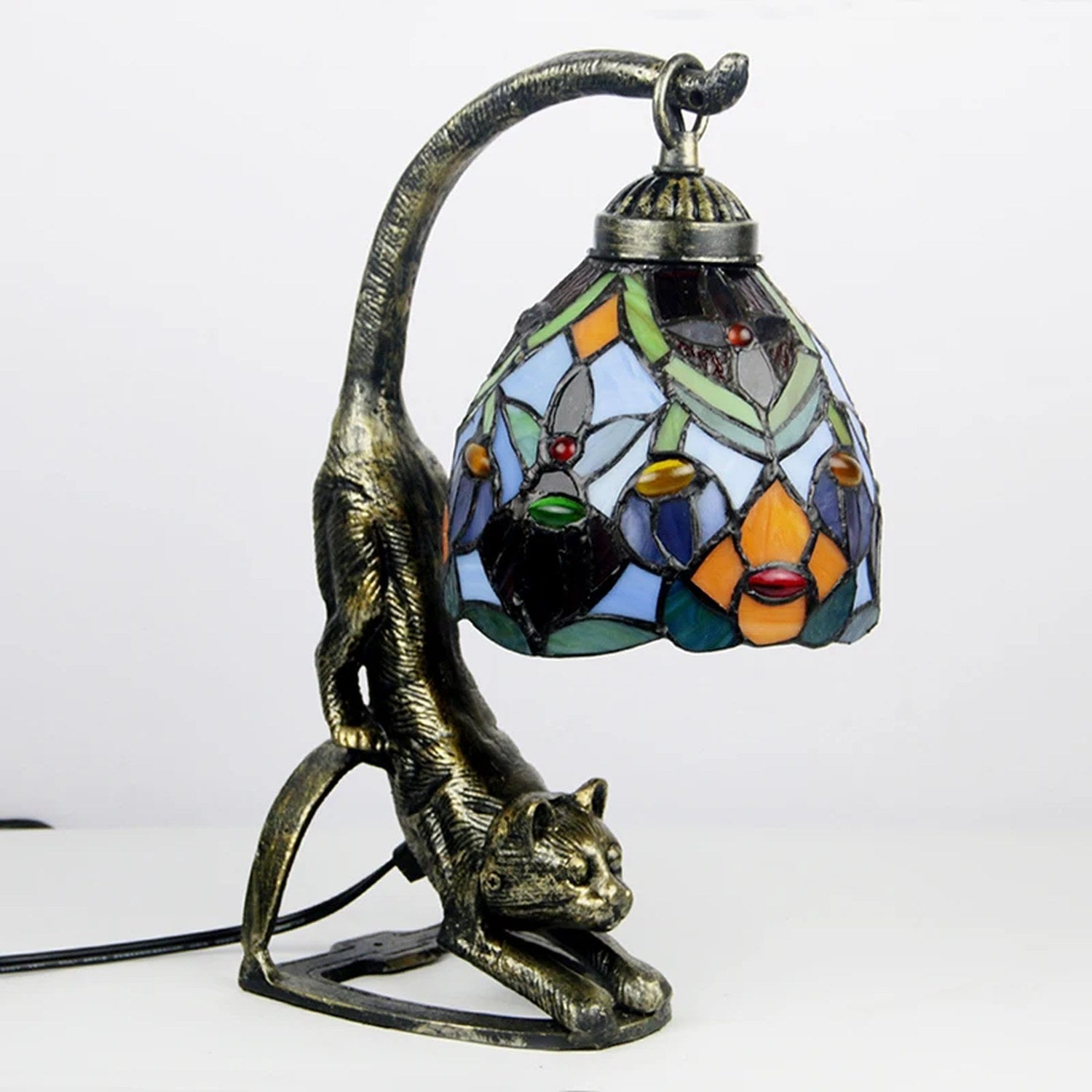 Lampe chat vitrail Tiffany motif mosaïque bleu et orange