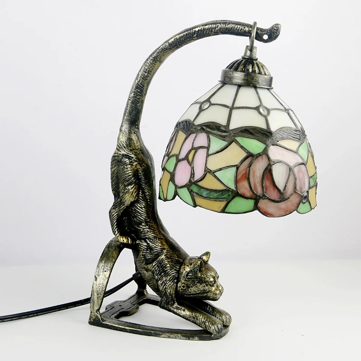 Lampe chat vitrail Tiffany motif fleuri roses et feuillage