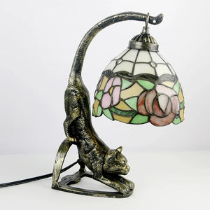 Lampe chat vitrail Tiffany motif fleuri roses et feuillage