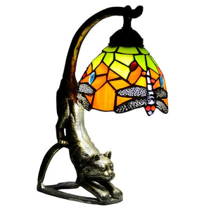 Lampe chat vitrail Tiffany motif libellule sur fond clair