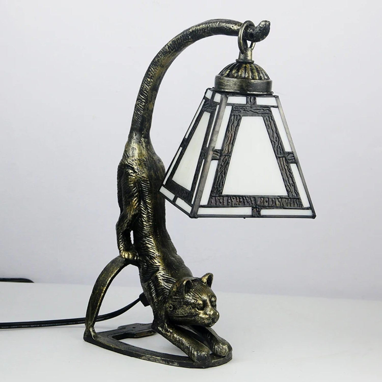 Lampe chat vitrail Tiffany style mission blanc épuré
