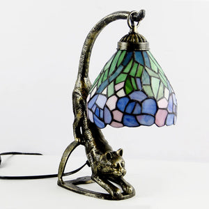 Lampe chat vitrail Tiffany motif hortensia bleu et vert
