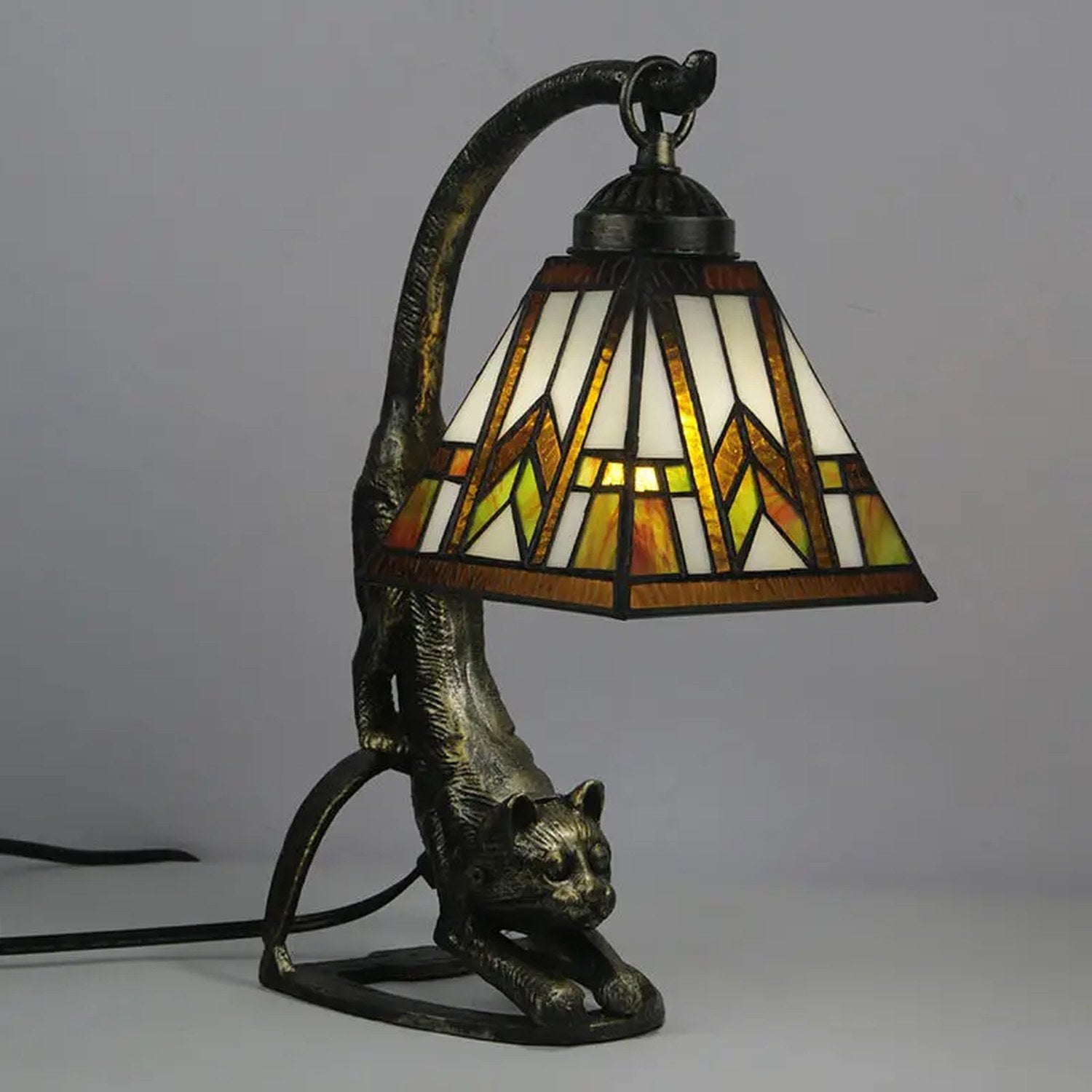 Lampe chat vitrail Tiffany style mission ambré et vert