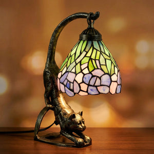 Lampe chat Tiffany variante Hortensia abat-jour vitrail bleu et vert