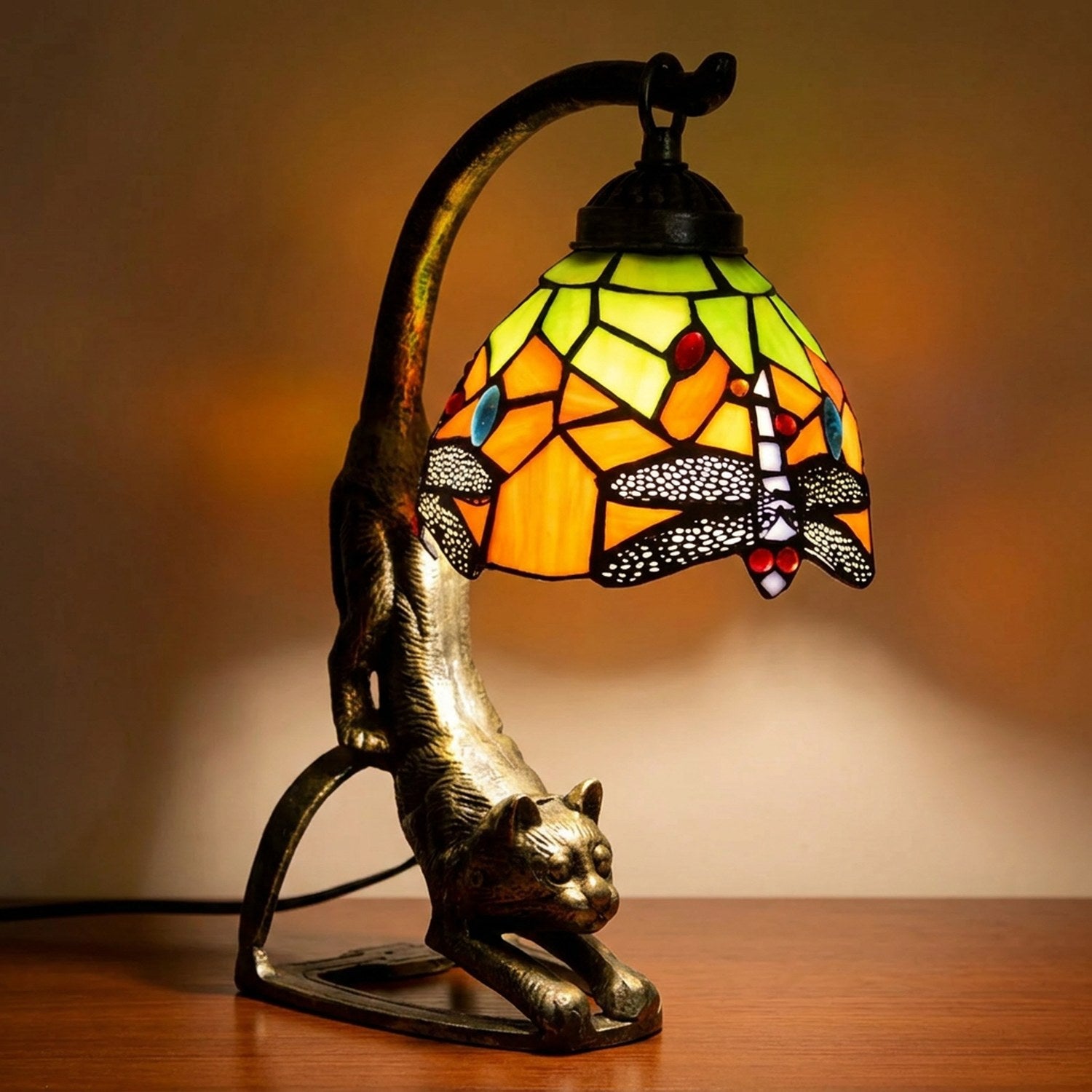 Lampe chat Tiffany variante Libellule abat-jour vitrail motif libellule