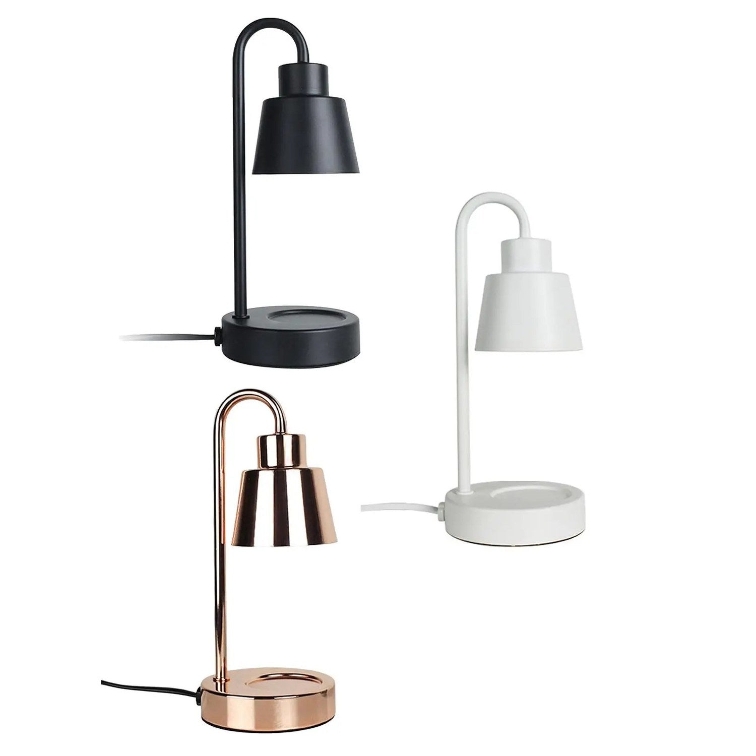 Lampe chauffe-bougie disponible en noir blanc et doré vue de face sur fond clair