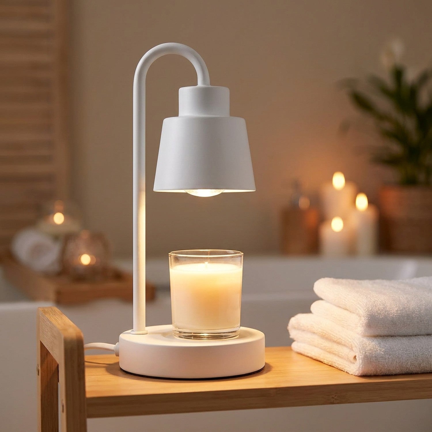 Lampe chauffe-bougie blanche sur une étagère de salle de bain avec serviettes