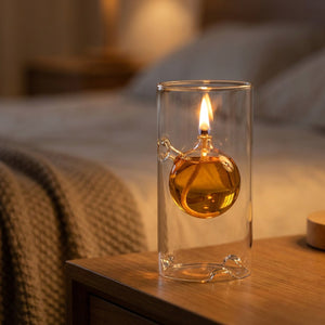 Lampe à huile ouragan avec liquide doré posée sur une table de chevet le soir
