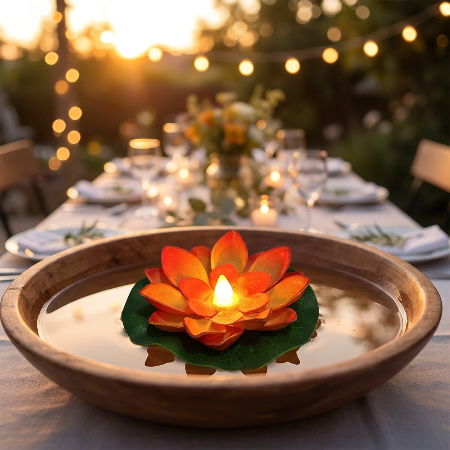 Lampe lotus flottante LED orange dans un bol en bois sur une table de fete