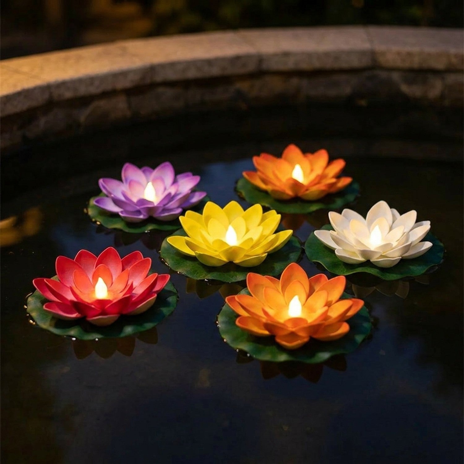 Plusieurs lampes lotus flottantes LED allumees sur un bassin la nuit
