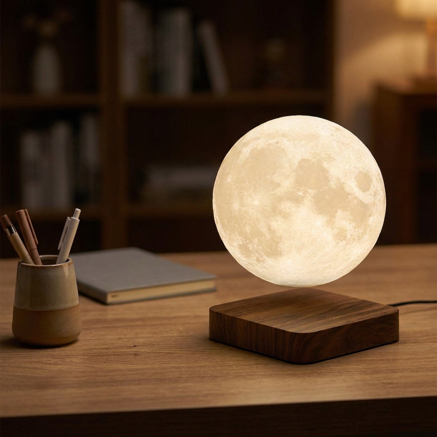 Lampe lune flottante allumée sur un bureau en bois