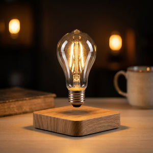 Lampe à lévitation modèle ampoule flottante allumée en gros plan