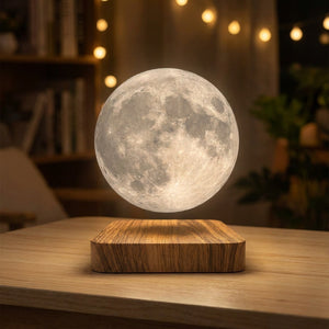 Lampe à lévitation modèle lune flottante allumée en gros plan