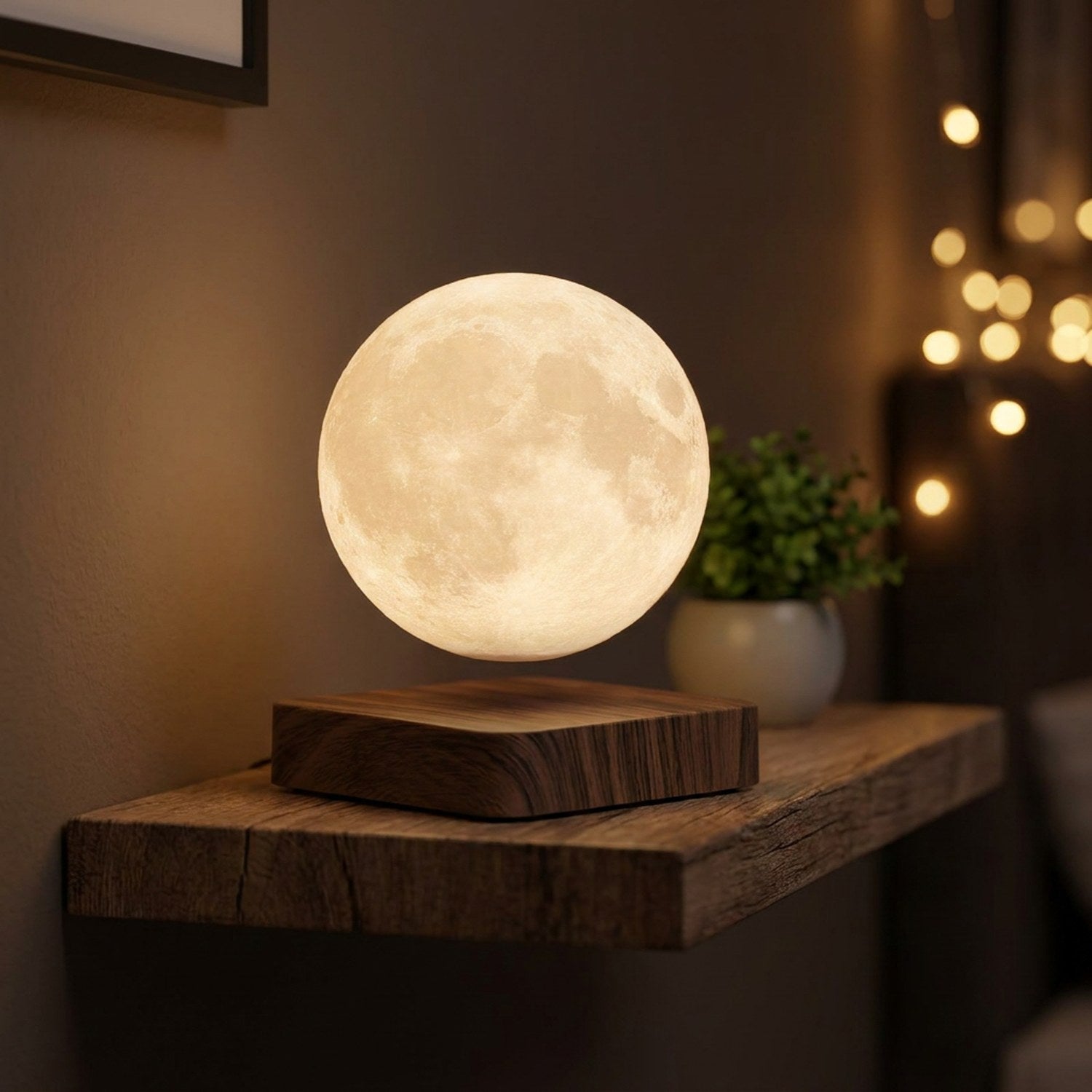Lampe lune flottante sur une étagère de salon