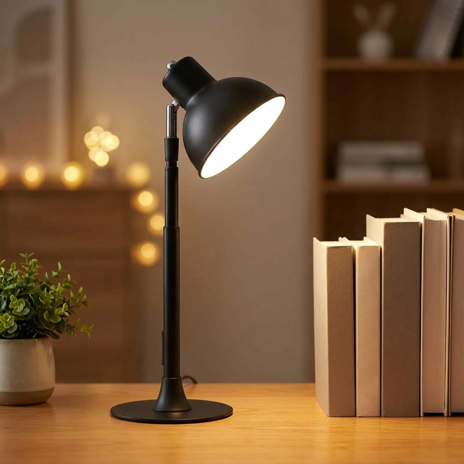 Lampe LED noire en version compacte posée sur un bureau en bois avec des livres