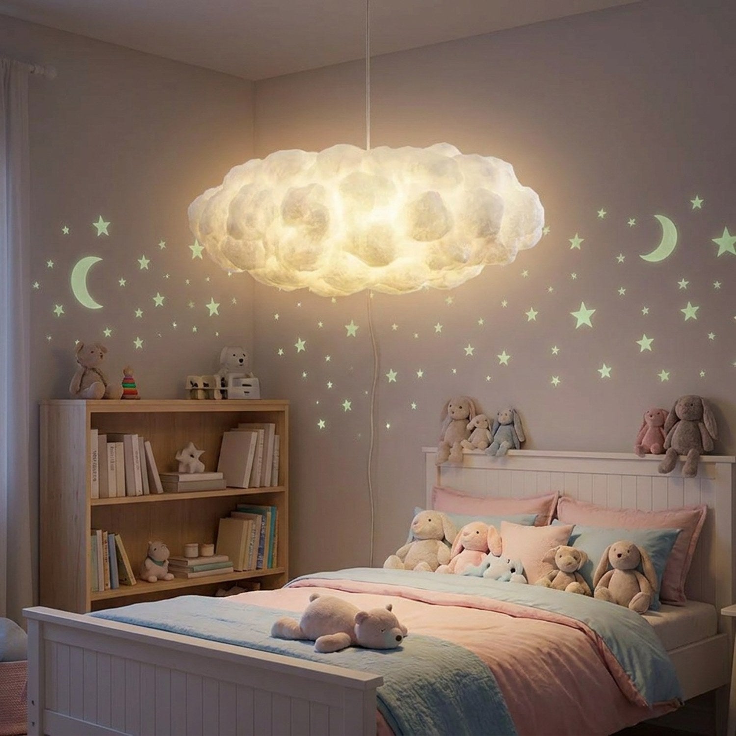 Suspension nuage LED dans une chambre enfant enchantée étoiles et lumière douce