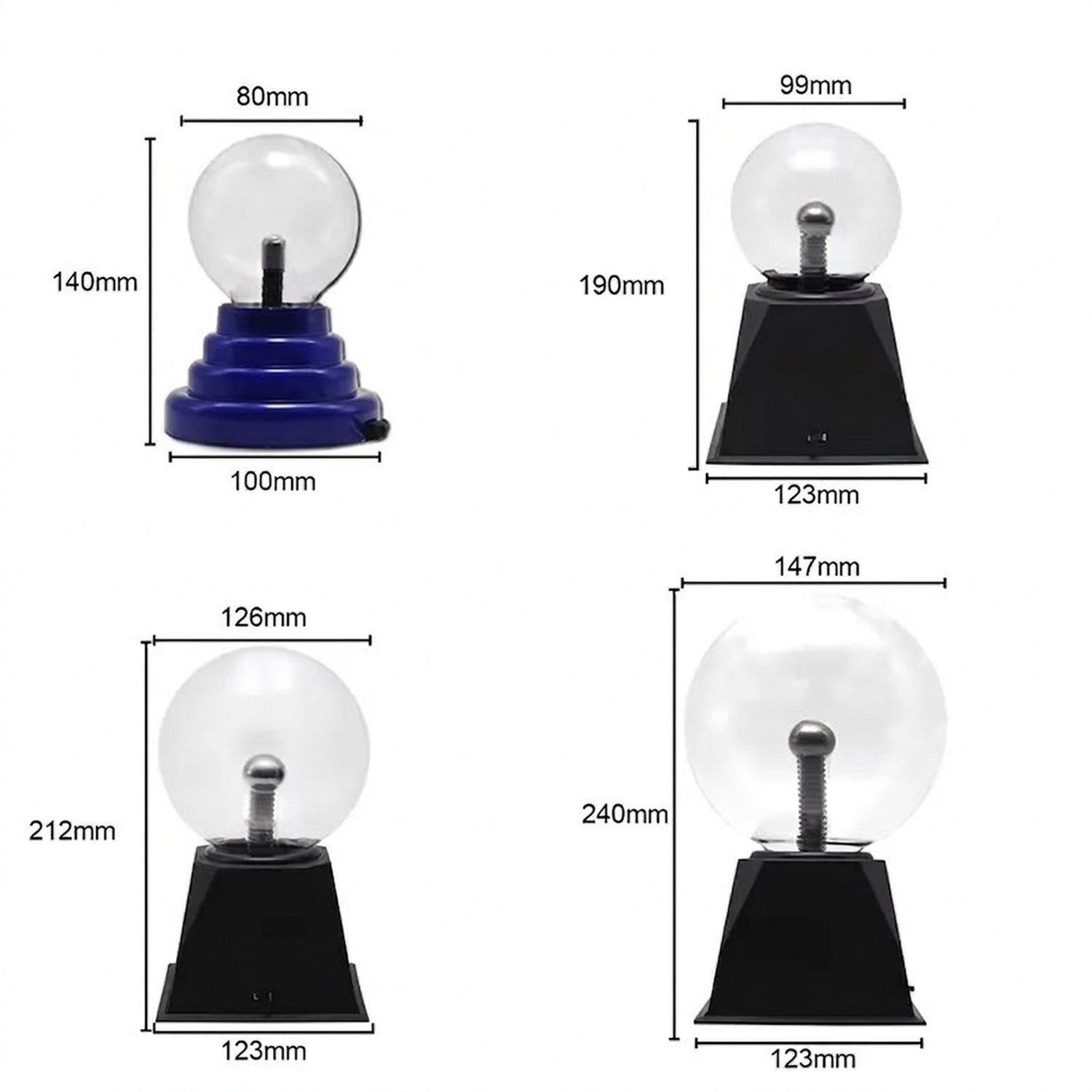 Dimensions en millimètres des quatre tailles de la lampe plasma