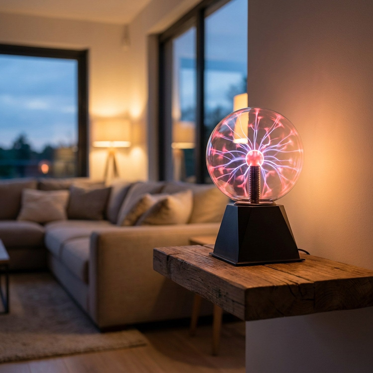 Lampe plasma allumée sur une console en bois dans un salon moderne au crépuscule