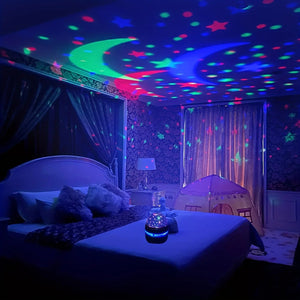 Lampe projecteur galaxie posée sur un lit projetant lunes et étoiles colorées au plafond d'une chambre