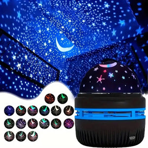 Lampe projecteur étoilé allumée avec aperçu des différents jeux de couleurs disponibles