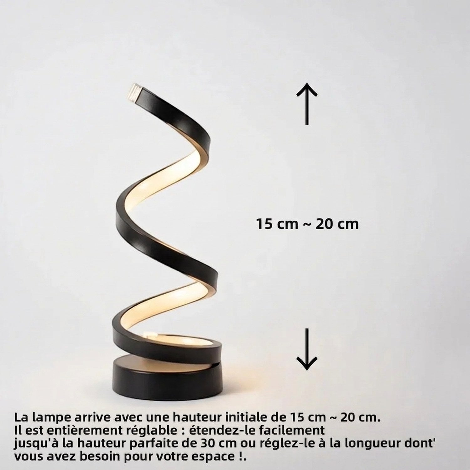 Schéma des dimensions de la lampe spirale hauteur 15 à 20 cm extensible à 30 cm